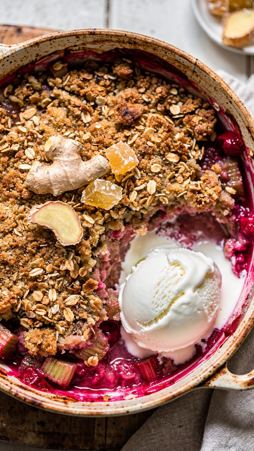 Rhubarb Ginger Crisp with Brown Sugar Oat Topping