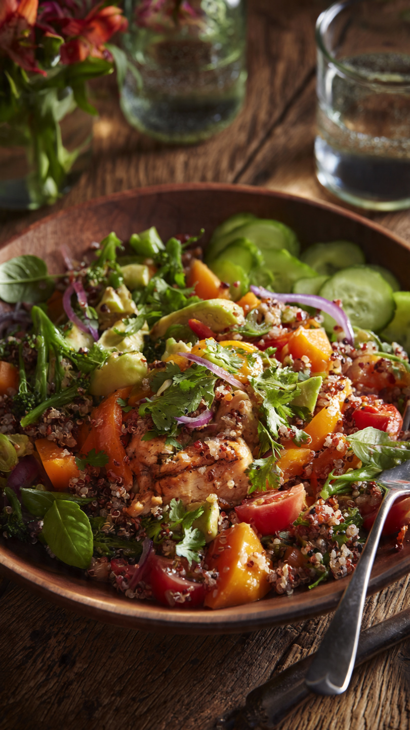 Chicken Quinoa Bowl with Roasted Veggies and Lemon Herb Dressing